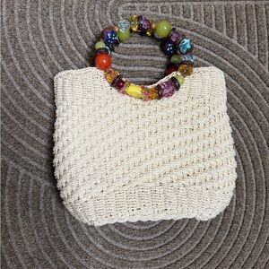 Cream Woven Clutch with Colorful Beaded Handle